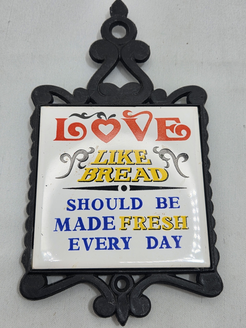Vintage Cast Iron Tile Trivet Wall Hanging "Love Like Bread" 🍞❤️ Cottagecore
